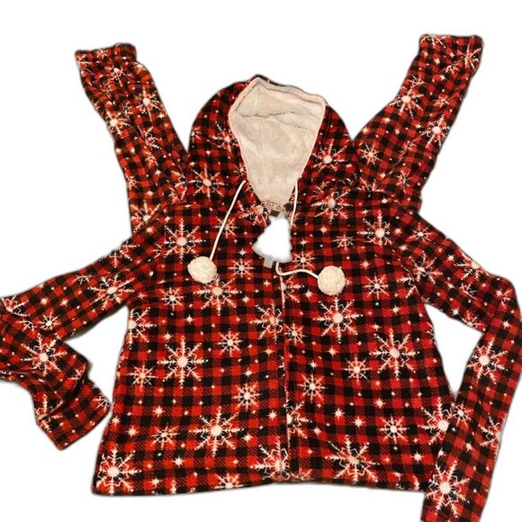 POOF Brand Women’s Onesie Fleece Red Black Plaid Snowflakes Size Small Pajamas - Picture 1 of 9